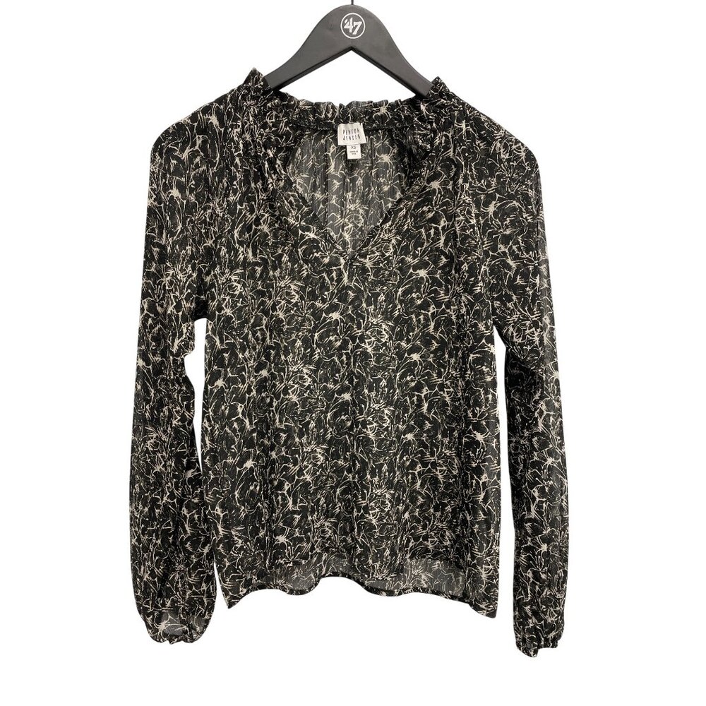 Peyton Jensen Blouse Size XS Printed Ruffle V Neck Long Sleeve Black Whimsigoth